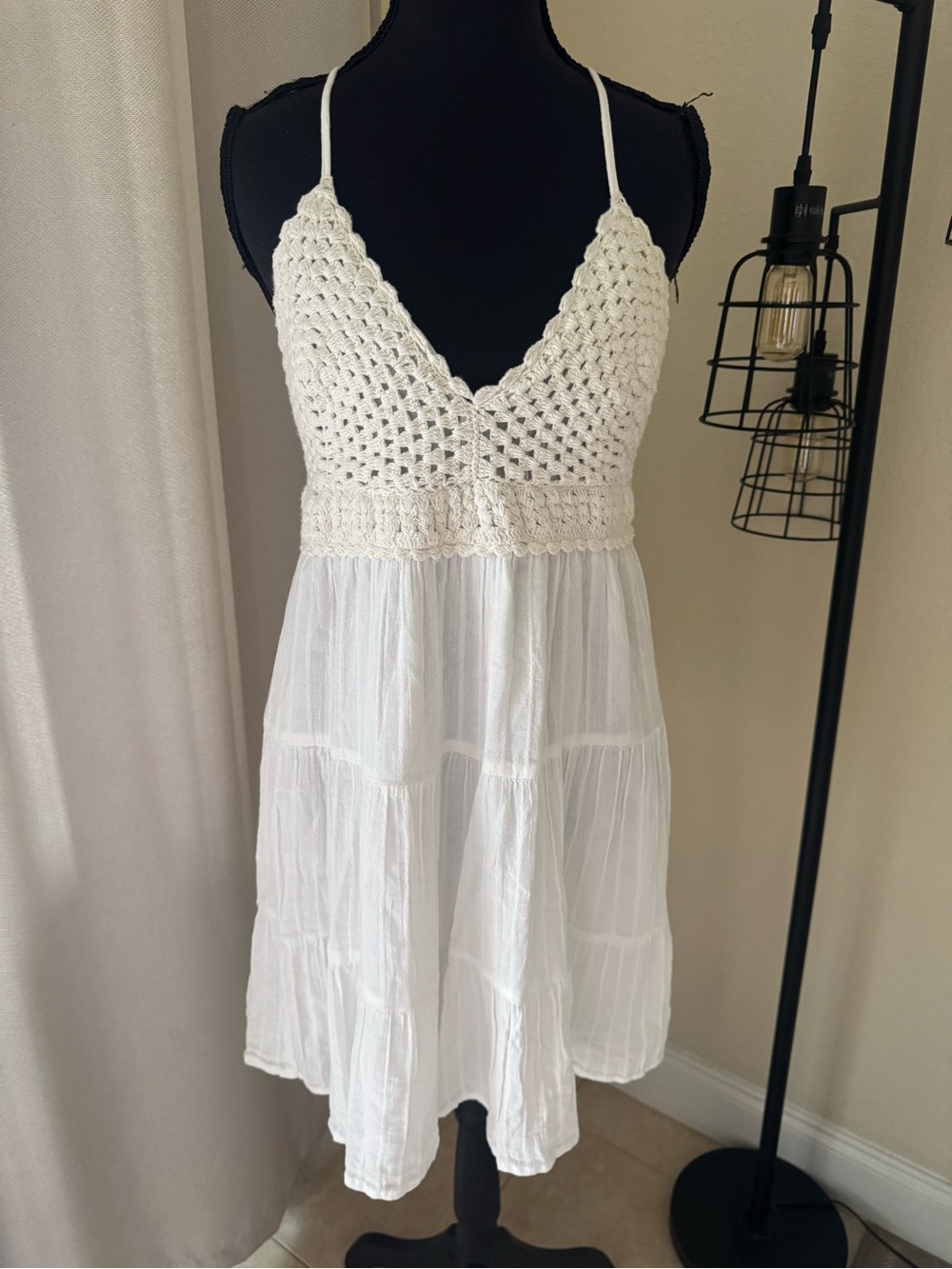 Aerie White Crochet Mini Dress XL Boho Cottagecore Tiered Sundress - Picture 2 of 9